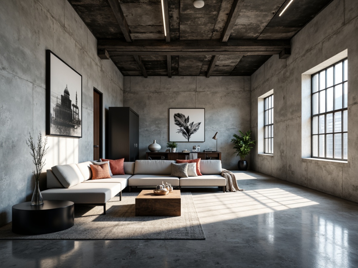 Prompt: Industrial chic interior, exposed concrete walls, polished concrete floors, minimalist decor, modern furniture, sleek lines, monochromatic color scheme, urban loft atmosphere, natural light pouring in, large windows, metal accents, geometric patterns, abstract artwork, edgy architectural details, dramatic shadows, high-contrast lighting, 1/1 composition, cinematic mood, realistic textures.