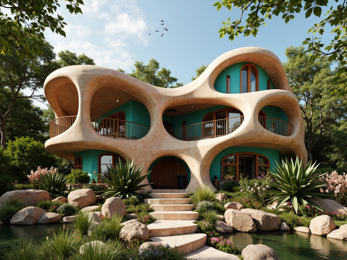 Prompt: Organic curvilinear house, flowing lines, ornate decorations, sinuous shapes, vibrant turquoise accents, earthy tones, natural stone fa\u00e7ade, undulating rooflines, asymmetrical composition, whimsical details, stained glass windows, intricate wooden doors, lush greenery, blooming flowers, warm sunny day, soft diffused lighting, 1/1 composition, intimate perspective, romantic atmosphere, nostalgic mood.