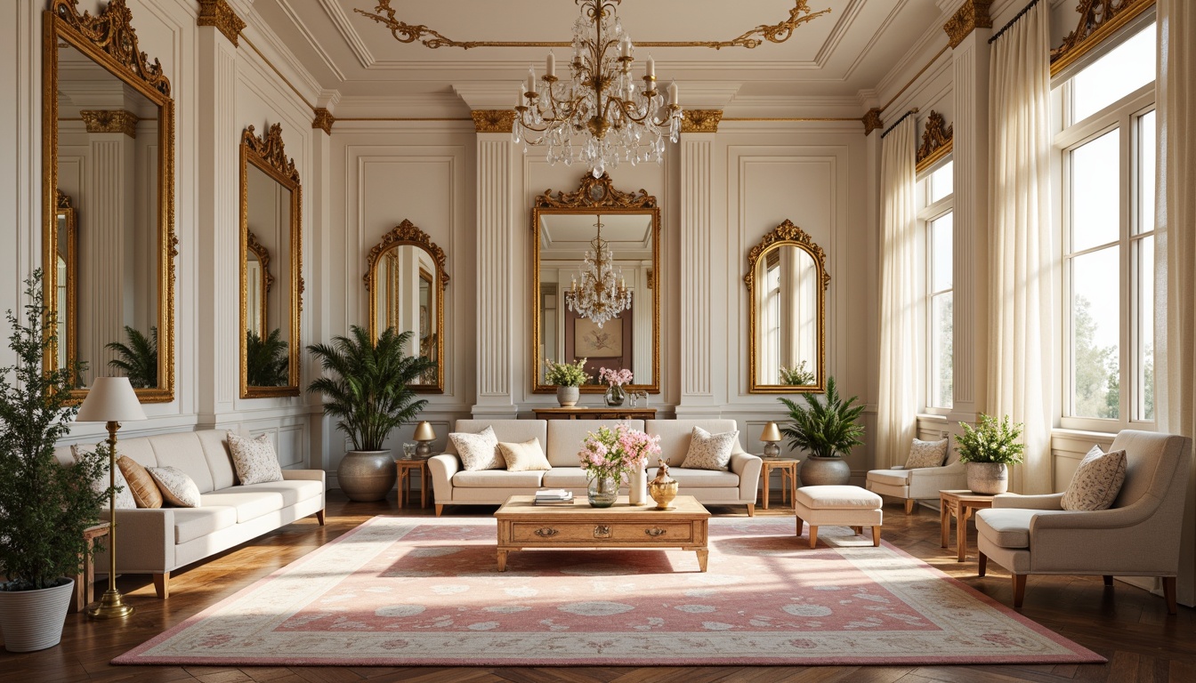 Prompt: Lavish Rococo interior, soft pastel hues, creamy whites, warm golden accents, delicate florals, intricate ornate patterns, velvet upholstery, gilded frames, ornamental mirrors, crystal chandeliers, rich tapestries, plush area rugs, elegant curved lines, sophisticated furnishings, opulent textiles, subtle sheen finishes, warm candlelight, soft focus photography, 1/1 composition, shallow depth of field.