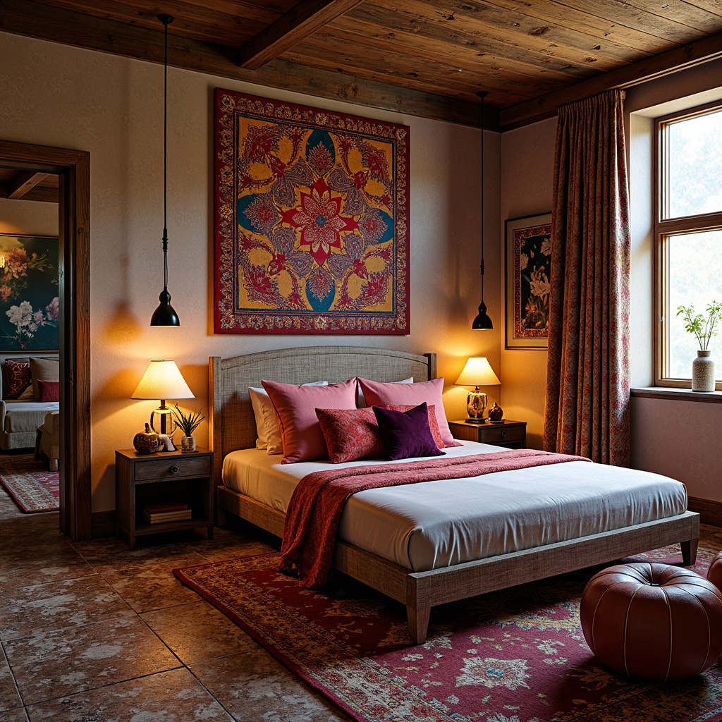 Prompt: Vibrant eclectic bedroom, rich tapestry, velvet pillows, Moroccan-inspired tiles, distressed wood furniture, plush area rug, statement lighting fixtures, bold colorful artwork, patterned drapes, luxurious fabrics, soft golden lighting, shallow depth of field, 1/1 composition, realistic textures, ambient occlusion.