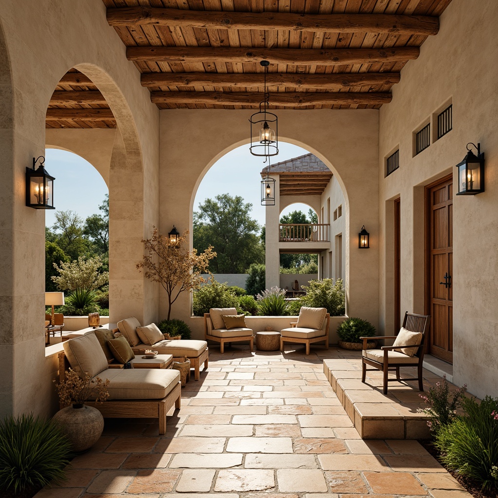 Prompt: Warm Mediterranean villa, rustic stone walls, curved archways, ornate ironwork, distressed wood accents, soft warm glow, pendant lanterns, bronze metal finishes, ornate ceramic tiles, natural linen shades, cream-colored stucco, lush greenery, blooming flowers, tranquil atmosphere, warm sunny day, shallow depth of field, 3/4 composition, realistic textures, ambient occlusion.