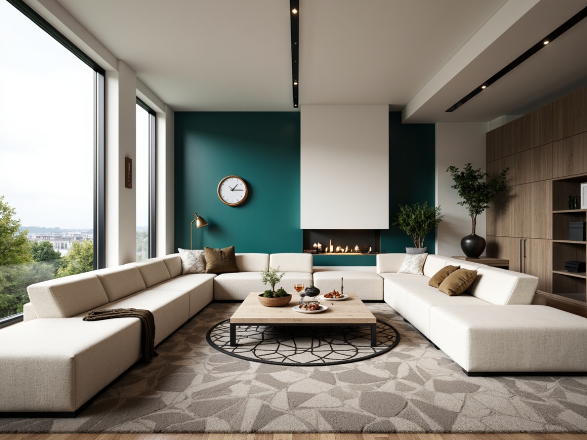 Prompt: Modern living room, sleek lines, minimalist decor, neutral color palette, creamy whites, warm beiges, rich grays, bold accent walls, vibrant turquoise, deep charcoal, polished chrome accents, plush sectional sofas, low-profile coffee tables, geometric patterned rugs, floor-to-ceiling windows, natural light pouring in, soft diffused lighting, shallow depth of field, 3/4 composition, panoramic view, realistic textures, ambient occlusion.