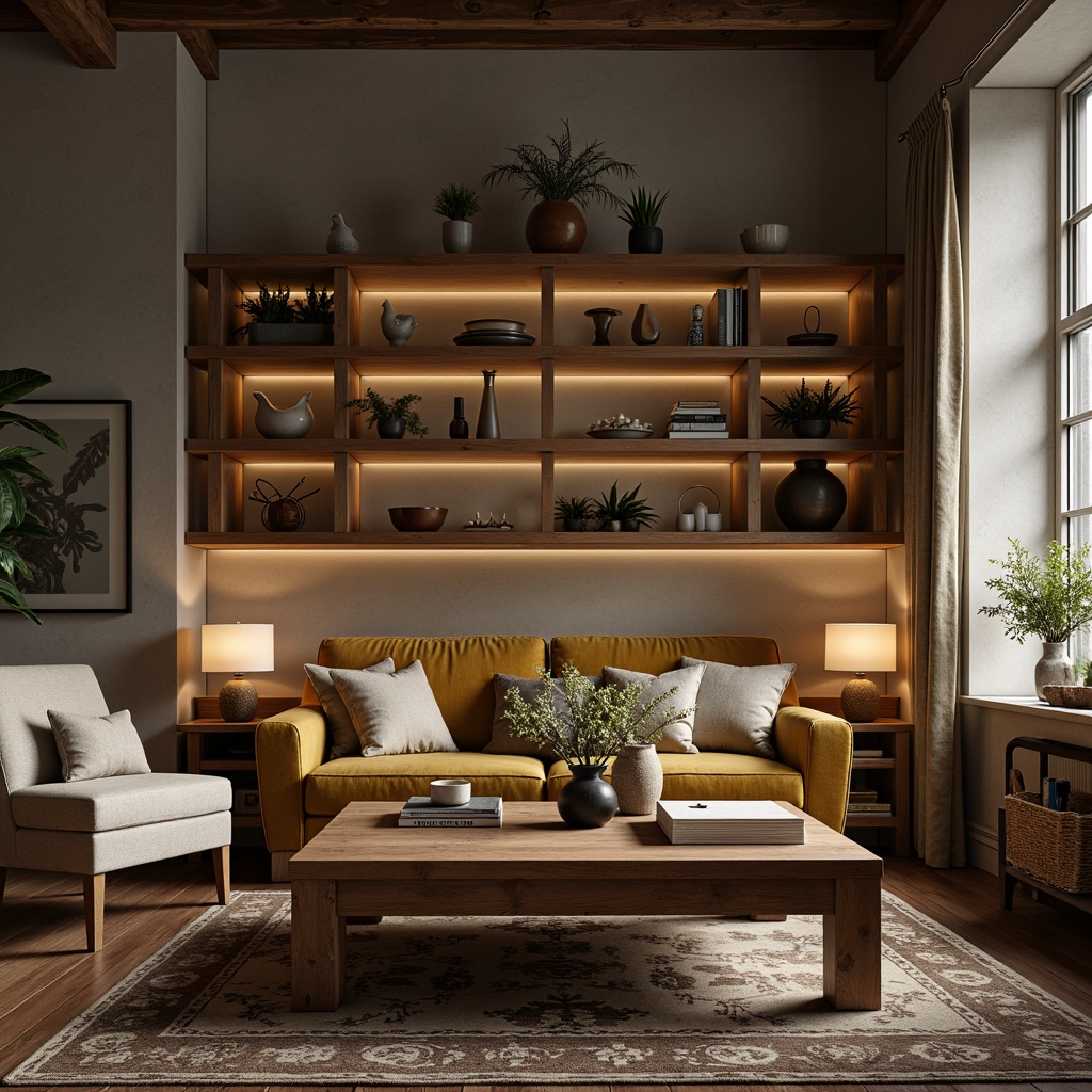 Prompt: Rustic wooden coffee table, plush velvet sofa, warm beige armchair, soft cotton throw blankets, vintage metal lamps, distressed wood shelves, natural fiber rugs, earthy tone ceramics, comfortable oversized pillows, cozy reading nook, dimmable warm lighting, 3/4 composition, shallow depth of field, realistic textures, ambient occlusion.