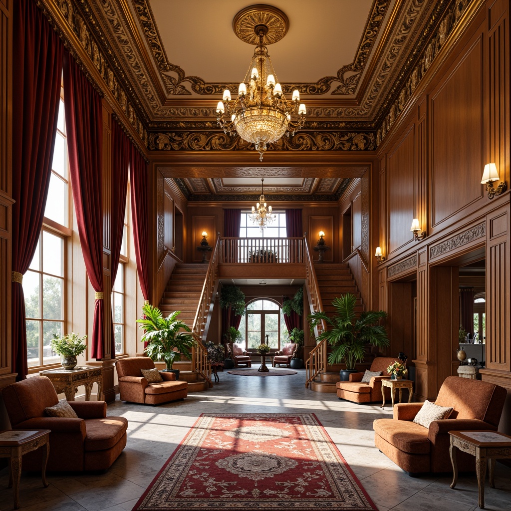 Prompt: Opulent foyer, grand chandelier, intricate moldings, richly patterned rugs, ornate furniture, velvet drapes, lavish upholstery, gilded accents, carved wooden panels, stately staircase, majestic columns, high ceilings, crystal sconces, marble flooring, warm golden lighting, soft focus, 1/1 composition, realistic textures, ambient occlusion.