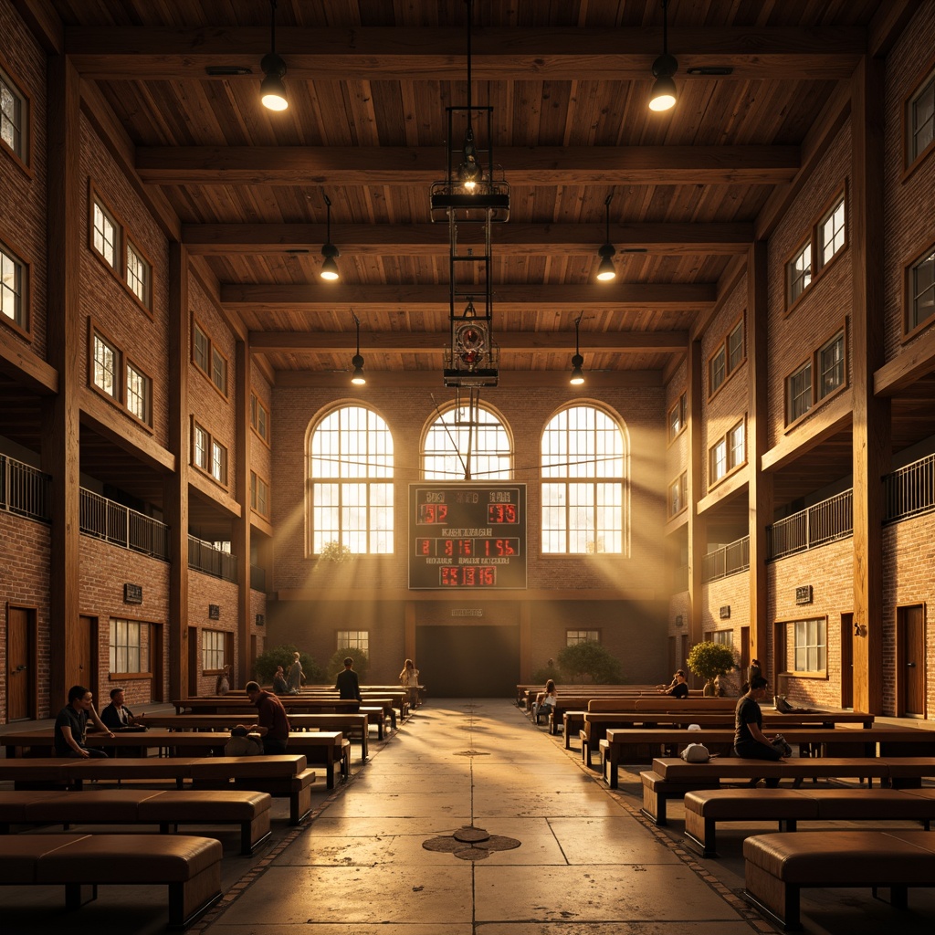 Prompt: Warmly lit gymnasium interior, rustic wooden beams, exposed brick walls, vintage athletic equipment, distressed leather benches, nostalgic scoreboard, warm golden lighting, softbox illumination, subtle shadows, atmospheric misting, dynamic spotlights, dramatic ceiling height, ornate metal railings, rich wood tones, earthy color palette, natural stone flooring, ambient occlusion, cinematic composition, realistic textures.