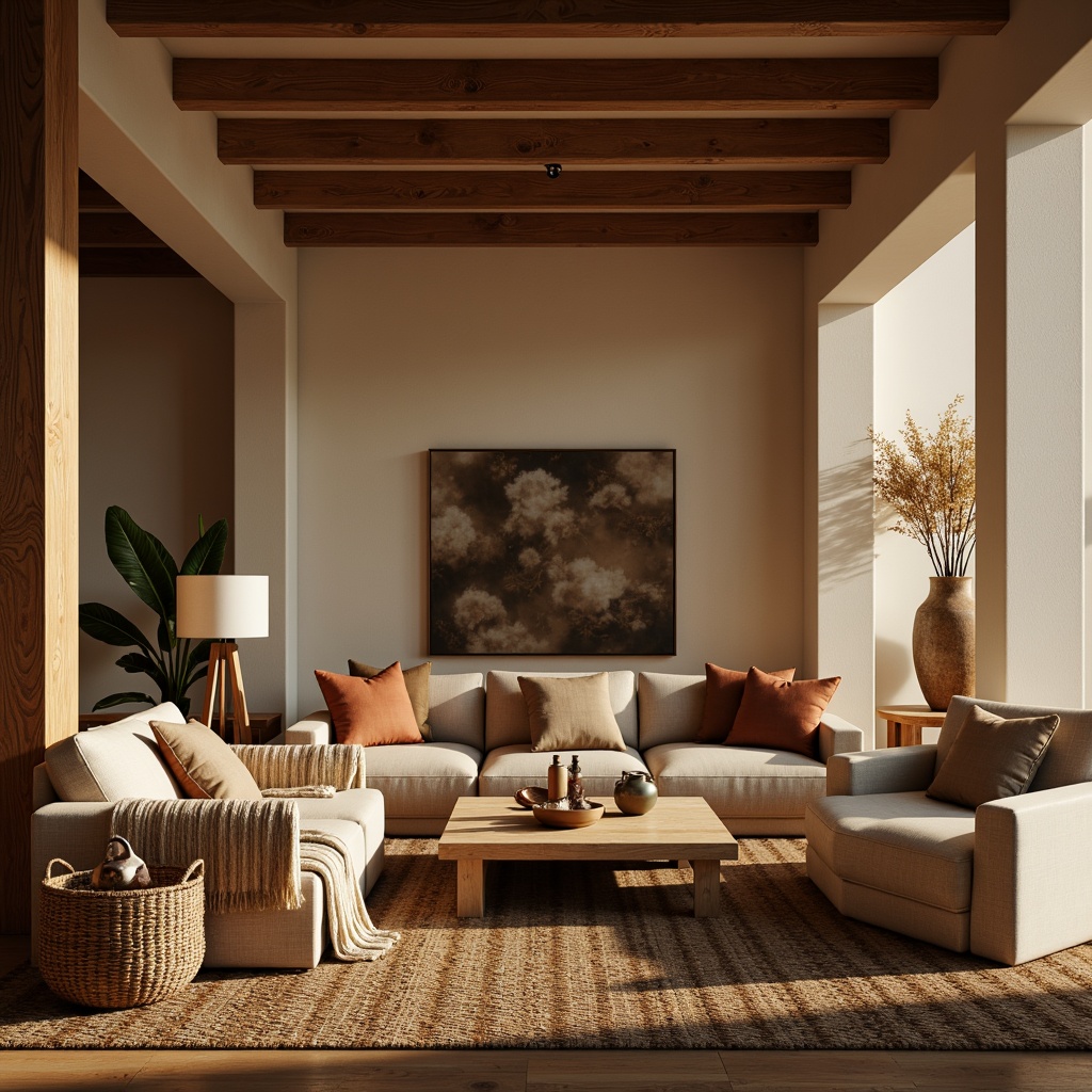 Prompt: Plush throw blankets, soft velvet pillows, warm beige walls, rich wood accents, comfortable sofas, oversized armchairs, rustic wooden coffee tables, woven baskets, natural fiber rugs, earthy tone ceramics, aromatic candles, warm golden lighting, shallow depth of field, 2/3 composition, intimate atmosphere, realistic textures, subtle ambient occlusion.