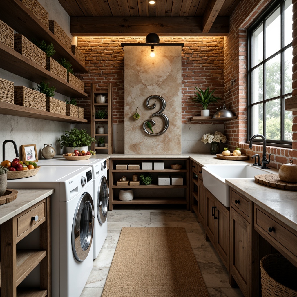 Prompt: Rustic laundry room, distressed wood accents, vintage metal decor, woven baskets, natural stone countertops, earthy color palette, farmhouse sink, exposed brick walls, wooden ladder shelving, wicker storage bins, soft warm lighting, shallow depth of field, 1/1 composition, realistic textures, ambient occlusion.