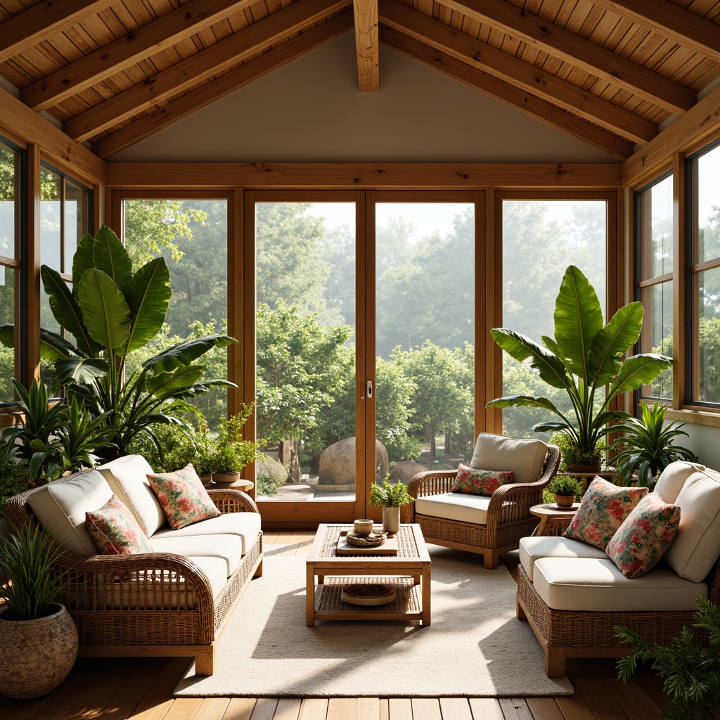 Prompt: Cozy sunroom, warm natural light, lush greenery, comfortable wicker furniture, plush cushions, soft pastel colors, rustic wooden accents, nature-inspired decor, large windows, sliding glass doors, tropical plants, sunny afternoon, gentle breeze, relaxed atmosphere, organic textures, earthy tones, natural fabrics, woven baskets, rattan chairs, vibrant floral patterns.