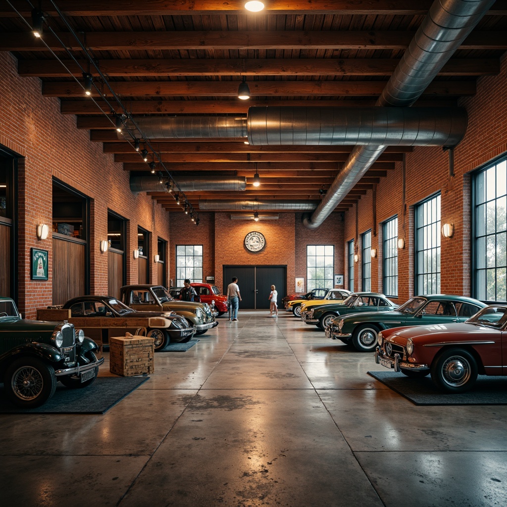 Prompt: Rustic garage, wooden accents, metal beams, industrial chic, exposed brick walls, polished concrete floors, vintage car displays, neon signage, warm task lighting, shallow depth of field, 1/2 composition, gritty textures, atmospheric fog effect.