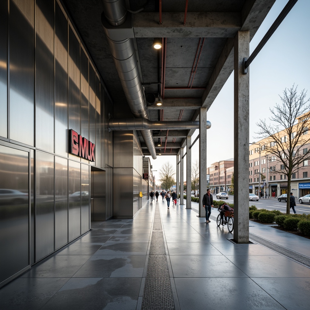 Prompt: Polished concrete walls, industrial chic aesthetic, modern distribution center, sleek metal cladding, minimalist signage, exposed ductwork, functional lighting, urban landscape, busy city streets, morning commute, soft natural light, shallow depth of field, 1/1 composition, realistic textures, ambient occlusion, metallic accents, bold color schemes, geometric patterns, contemporary typography.