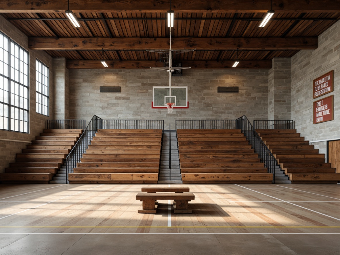 Prompt: Rustic wooden bleachers, distressed metal frames, reclaimed wood accents, vintage sports equipment, nostalgic gymnasium atmosphere, industrial-chic lighting fixtures, exposed brick walls, polished concrete floors, minimalist decor, functional athletic seating, sturdy wooden benches, steel lockers, motivational quotes, natural ventilation systems, abundant natural light, warm earthy tones, 1/1 composition, softbox lighting, realistic textures, ambient occlusion.