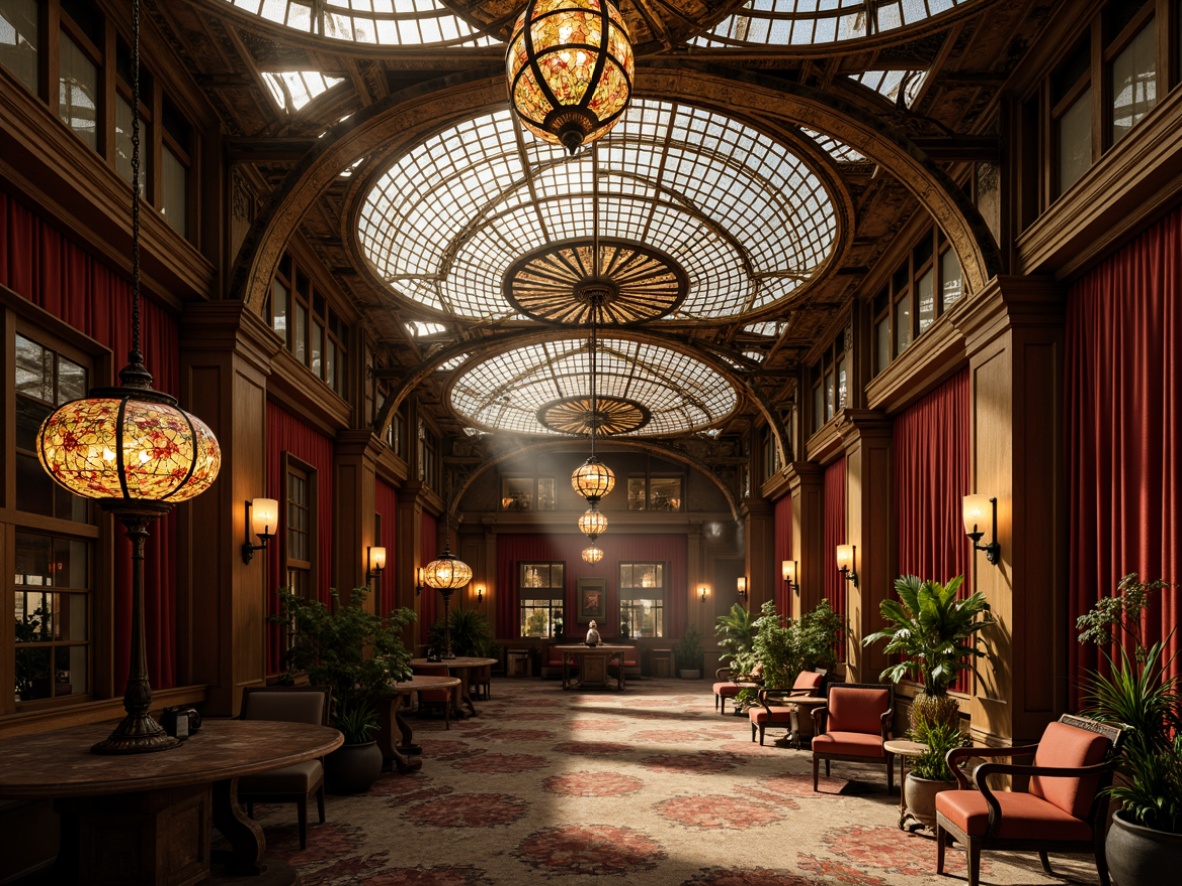 Prompt: Elegant Art Nouveau interior, ornate metalwork, flowing organic lines, stained glass ceiling fixtures, intricate lanterns, pendant lamps, floral patterns, soft warm glow, golden accents, luxurious fabrics, velvet drapes, wooden paneling, antique furniture, vintage decor, dramatic shadows, high contrast lighting, 1/1 composition, realistic textures, ambient occlusion.