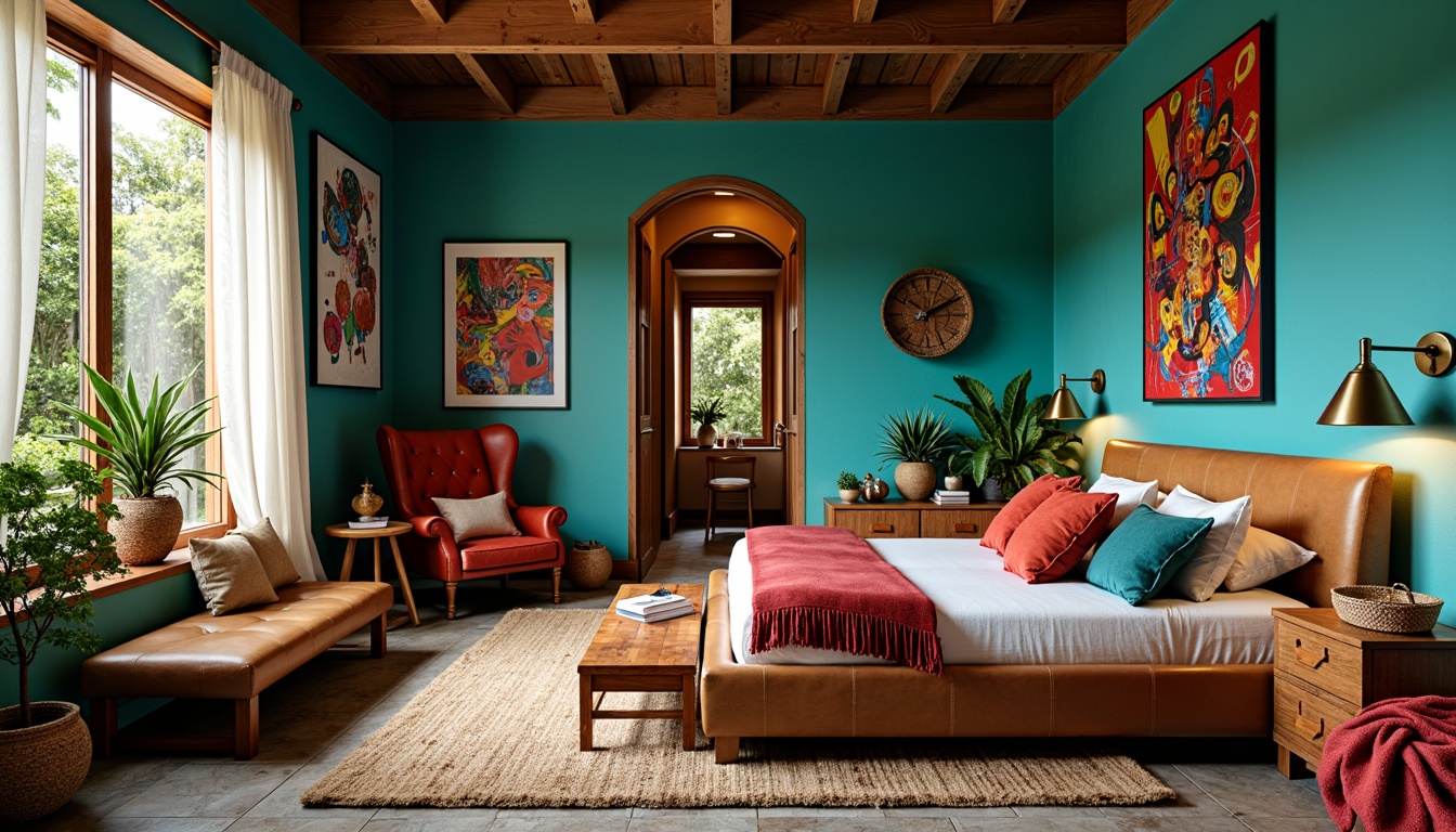 Prompt: Vibrant eclectic bedroom, bold turquoise walls, rich wood accents, plush velvet fabrics, Moroccan-inspired tiles, distressed leather furniture, antique bronze fixtures, warm golden lighting, soft billowy curtains, lush greenery, natural woven baskets, colorful abstract artwork, eclectic mix of patterns, textures, and shapes, bohemian-chic ambiance, laid-back atmosphere, cozy reading nook, comfortable oversized pillows, warm beige rug, abstract expressionist paintings, bold red accents, whimsical decorative accessories.