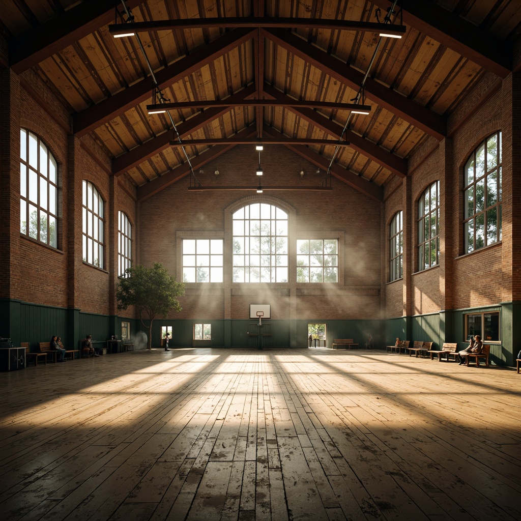 Prompt: Rustic gymnasium, wooden beams, exposed brick walls, large windows, natural light pouring in, warm softbox lighting, cozy atmosphere, vintage sports equipment, distressed wood floors, worn-out basketball courts, nostalgic color palette, earthy tones, atmospheric fog effect, shallow depth of field, 1/2 composition, realistic textures, ambient occlusion.