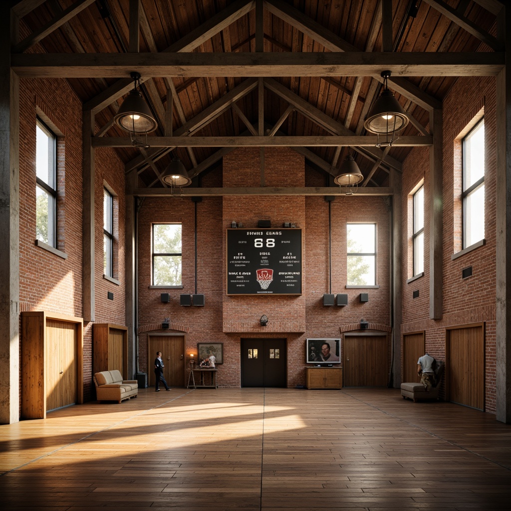 Prompt: Rustic gymnasium interior, wooden flooring, exposed brick walls, metal beams, vintage sports equipment, nostalgic scoreboard, warm soft lighting, golden hour ambiance, dramatic shadows, high ceiling, large windows, natural ventilation, earthy color palette, textured concrete columns, distressed wood accents, suspended lanterns, warm white light bulbs, cozy atmosphere, 1/2 composition, shallow depth of field, realistic textures, ambient occlusion.