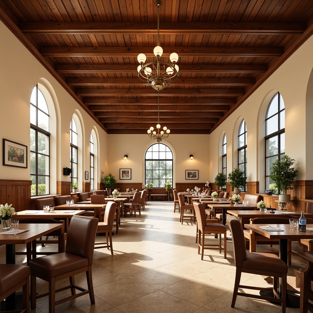 Prompt: Elegant dining hall, rich wood tones, polished wooden tables, comfortable leather chairs, ornate chandeliers, cream-colored walls, large windows, natural light, academic atmosphere, sophisticated furniture arrangement, symmetrical composition, balanced proportions, harmonious color palette, warm beige flooring, subtle texture contrast, realistic reflections, soft box lighting, 1/2 composition, atmospheric perspective.