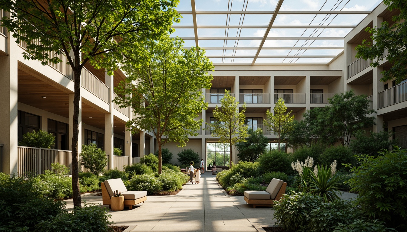 Prompt: Greenery-filled atrium, natural ventilation system, operable windows, solar shading devices, clerestory windows, skylights, bamboo flooring, recycled materials, energy-efficient systems, sustainable building practices, lush plants, minimal mechanical cooling, warm natural lighting, soft shadows, 1/1 composition, shallow depth of field, realistic textures, ambient occlusion.