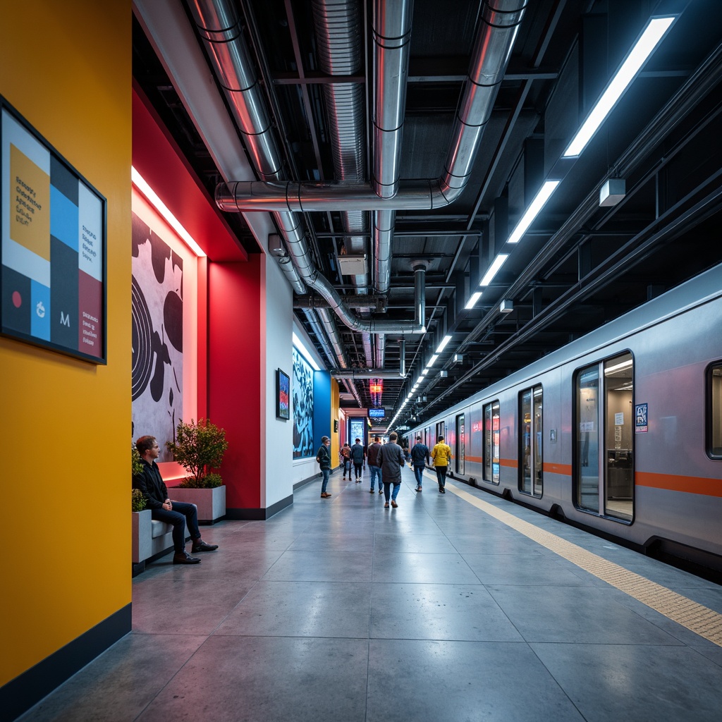 Prompt: Modern train station interior, sleek wall finishes, metallic accents, industrial chic, exposed ductwork, polished concrete floors, urban vibe, vibrant LED lighting, geometric patterns, abstract artwork, futuristic aesthetic, high-gloss paint, textured surfaces, 3D wallpaper, minimalist decor, functional design, bustling atmosphere, shallow depth of field, 2/3 composition, realistic reflections, ambient occlusion.