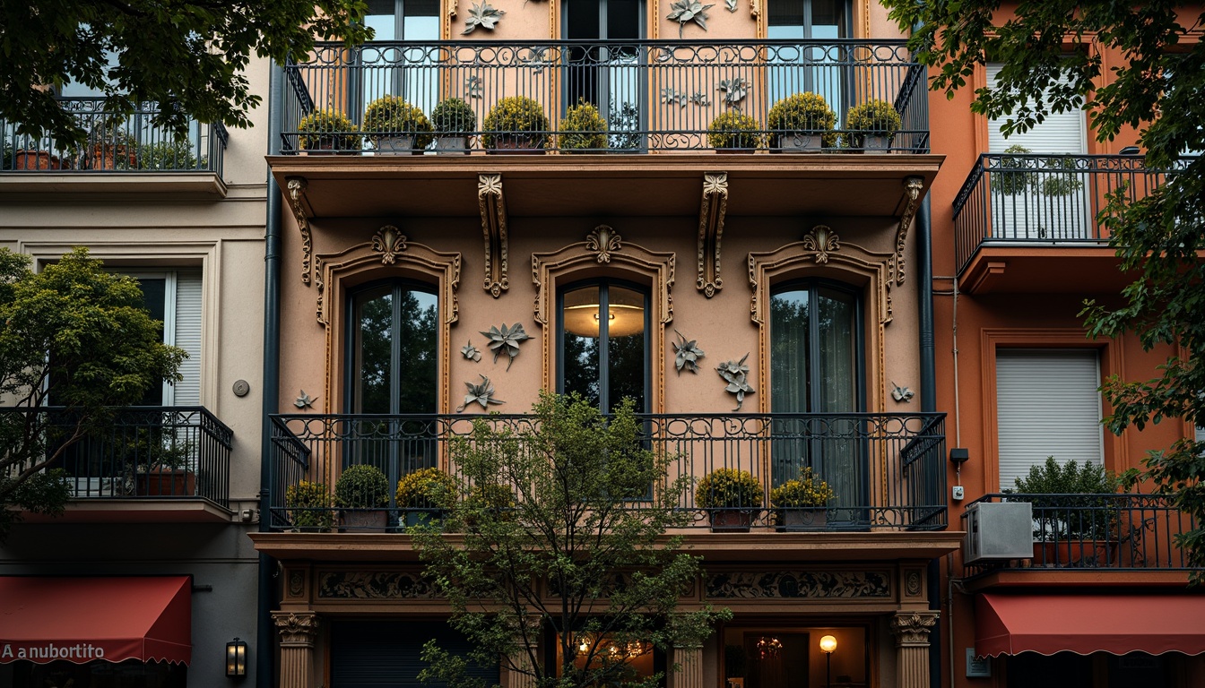 Prompt: Intricate ironwork, sinuous lines, organic forms, flowing curves, ornate facades, asymmetrical compositions, botanical motifs, whiplash tendrils, stylized flowers, foliage-inspired decorations, sinewy balconies, twisted columns, mosaic inlays, stained glass windows, vibrant colors, iridescent hues, shimmering textures, soft warm lighting, low-key ambiance, atmospheric perspective, 1/2 composition, romantic mood, nostalgic feel.