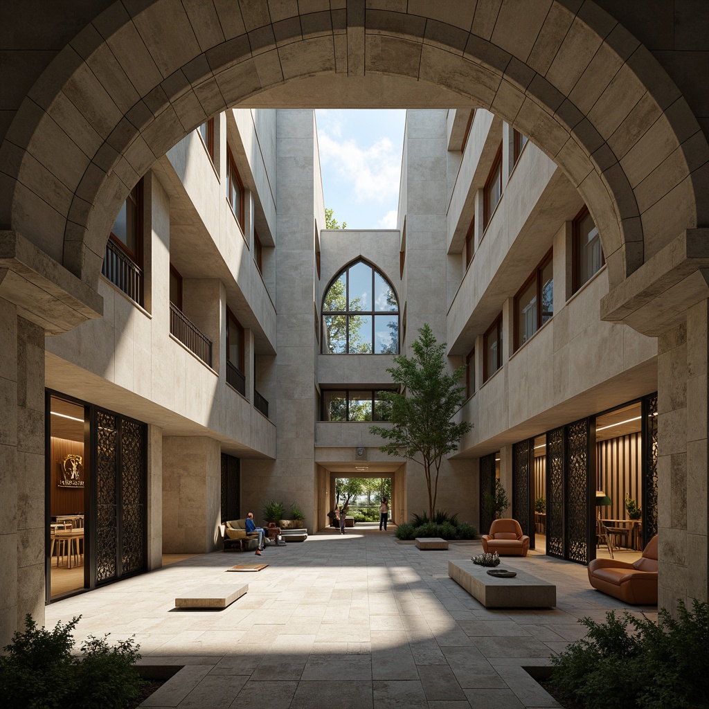 Prompt: Monastery courtyard, futuristic architecture, minimalist design, sleek stone walls, angular lines, vaulted ceilings, stained glass windows, ornate metal doors, serene ambiance, peaceful atmosphere, natural light pouring in, soft warm glow, shallow depth of field, 3/4 composition, symmetrical framing, panoramic view, realistic textures, ambient occlusion, futuristic furnishings, holographic displays, levitating objects, neon-lit corridors, cyberpunk-inspired decor, metallic accents, sacred symbols, intricate carvings, ornate frescoes.