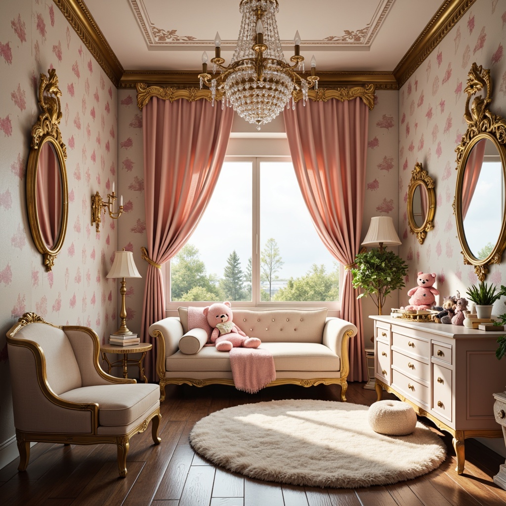 Prompt: Whimsical kid's room, ornate Rococo decorations, soft pastel colors, intricate golden patterns, delicate floral motifs, playful cartoon characters, plush toys, velvet drapes, crystal chandeliers, carved wooden furniture, luxurious fabrics, tufted upholstery, rounded shapes, curved lines, warm cozy atmosphere, natural morning light, soft focus, shallow depth of field, 1/1 composition, realistic textures, ambient occlusion.