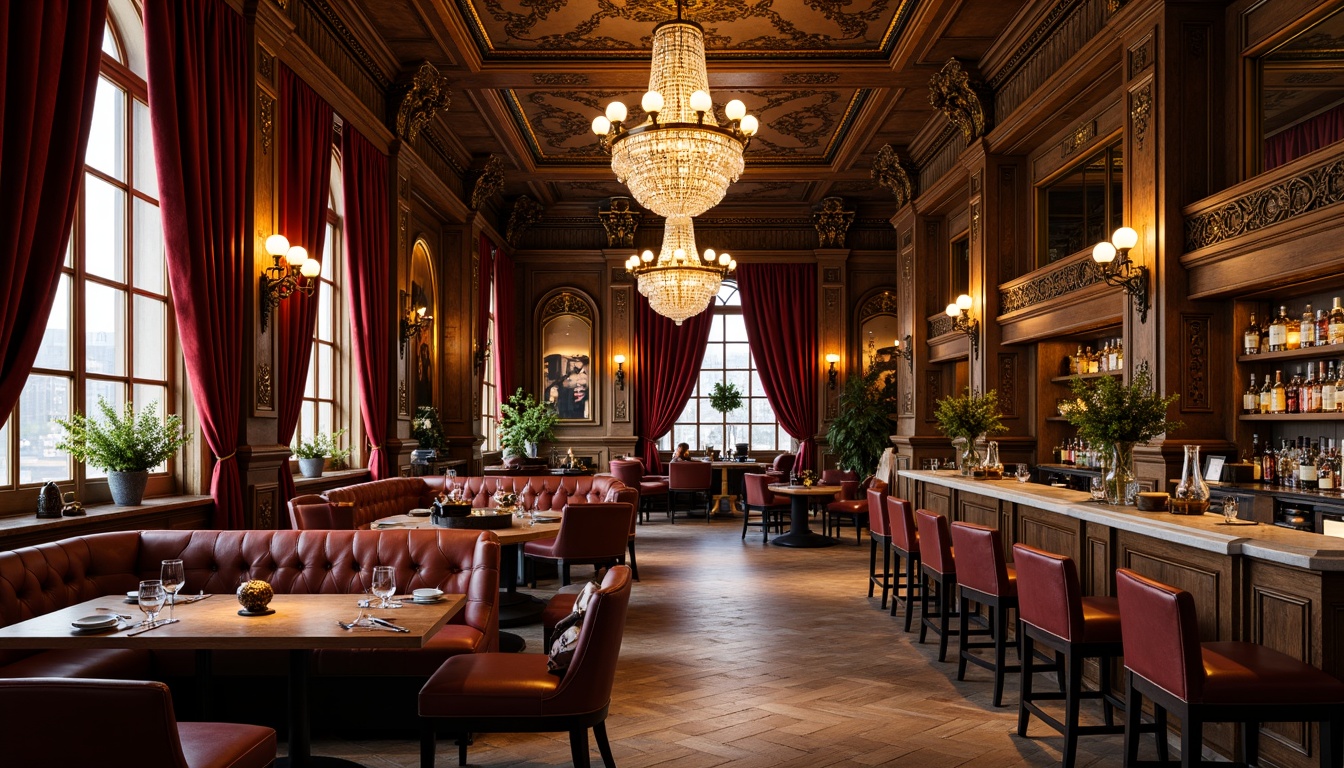 Prompt: Opulent pub interior, rich velvet drapes, ornate gold accents, intricate wooden carvings, grand crystal chandeliers, luxurious leather armchairs, lavish marble countertops, Baroque-inspired architectural details, dramatic arched windows, warm golden lighting, soft focus effect, 1/2 composition, intimate atmosphere, realistic textures, ambient occlusion.