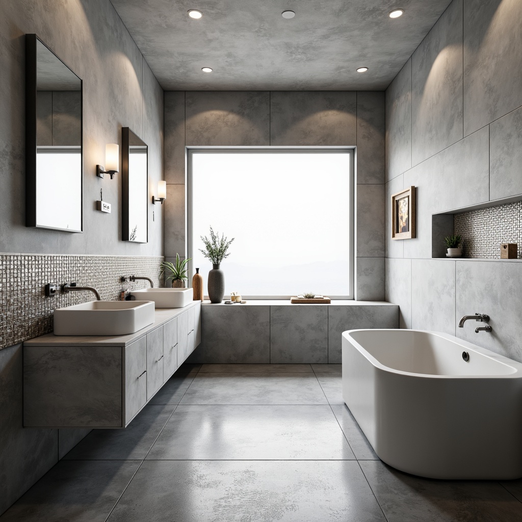 Prompt: Clean-lined bathroom, white porcelain sink, minimal chrome faucet, rectangular mirror, freestanding tub, grey concrete floor, industrial-style lighting, geometric patterned tiles, monochromatic color scheme, sleek cabinetry, handle-free doors, functional storage, natural stone accents, abundant natural light, soft shadows, shallow depth of field, 1/1 composition, symmetrical framing, high-contrast textures.