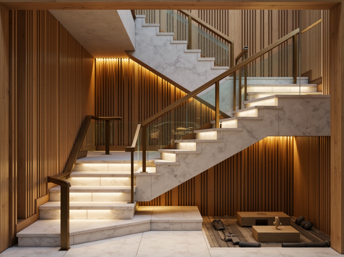 Prompt: Sleek balustrades, minimalist handrails, modern staircases, floating steps, glass or metal railings, geometric patterns, LED lighting, open risers, cantilevered landings, curved or spiral designs, luxurious materials (marble, wood, steel), warm ambient lighting, shallow depth of field, 3/4 composition, realistic textures, ambient occlusion.