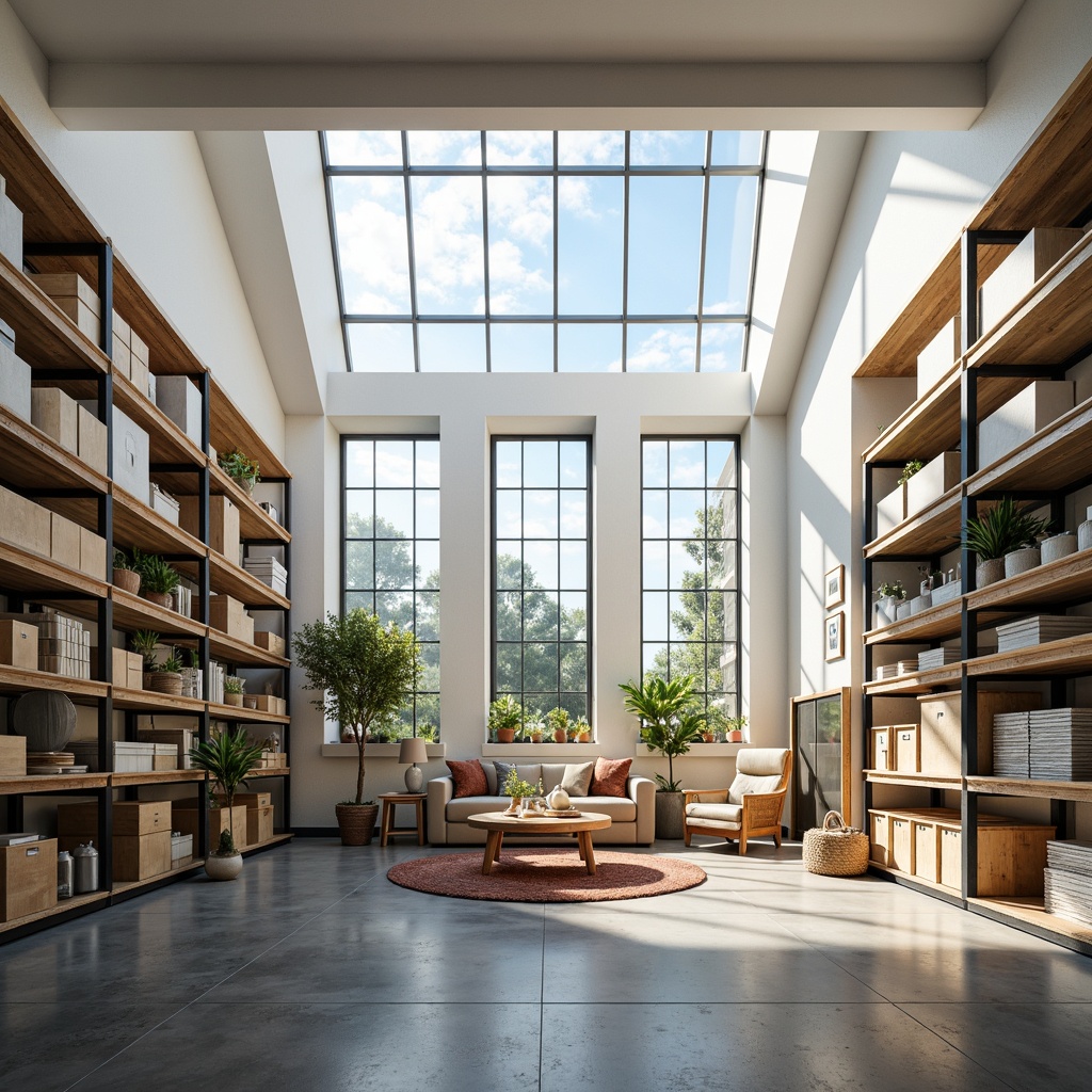 Prompt: Cozy storage room, abundant natural light, large skylight windows, white walls, reflective surfaces, organized shelving units, wooden crates, metal racks, transparent storage bins, soft warm lighting, shallow depth of field, 1/1 composition, realistic textures, ambient occlusion, sunny day, cloudless blue sky.