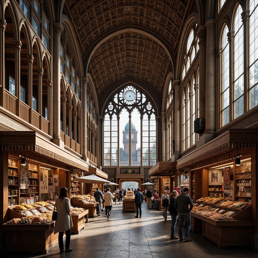 Prompt: Grand market hall, intricately carved stone walls, ornate Gothic arches, ribbed vaulted ceiling, stunning stained glass windows, majestic clock tower, intricate tracery patterns, lavish golden accents, richly textured wooden stalls, vibrant market banners, bustling crowd scenes, warm soft lighting, shallow depth of field, 3/4 composition, realistic textures, ambient occlusion.