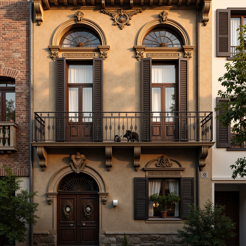 Prompt: Ornate Renaissance-style facade, arched windows, intricately carved stone frames, stained glass panels, wooden shutters, rustic brick walls, decorative cornices, ornamental balconies, Juliet balconies, symmetrical composition, warm golden lighting, soft focus, 1/2 composition, romantic atmosphere, nostalgic mood, subtle color palette, earthy tones, natural textures.