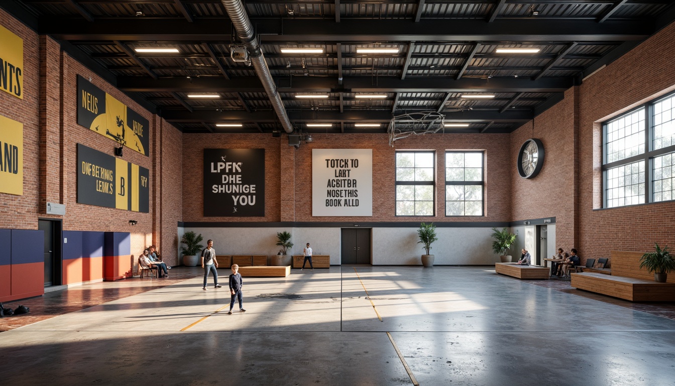 Prompt: Industrial-chic gymnasium interior, reclaimed wood wall finishes, exposed brick textures, metallic accents, distressed concrete floors, minimalist lighting fixtures, urban loft-inspired atmosphere, bold color schemes, modern sports equipment, athletic track lines, motivational quotes, wooden bleachers, stadium-style seating, dynamic angular compositions, high-contrast photography, dramatic shadows, atmospheric misting effects.