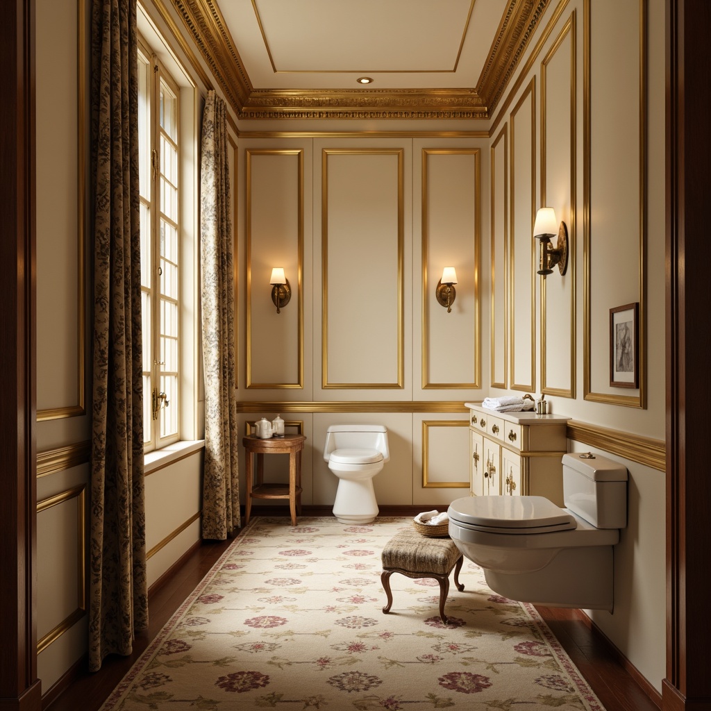 Prompt: Elegant powder room, soft cream walls, ornate gold molding, delicate floral patterns, luxurious velvet drapes, rich wooden paneling, sophisticated academic style, intimate ambiance, warm task lighting, 1/1 composition, shallow depth of field, realistic textures, ambient occlusion.