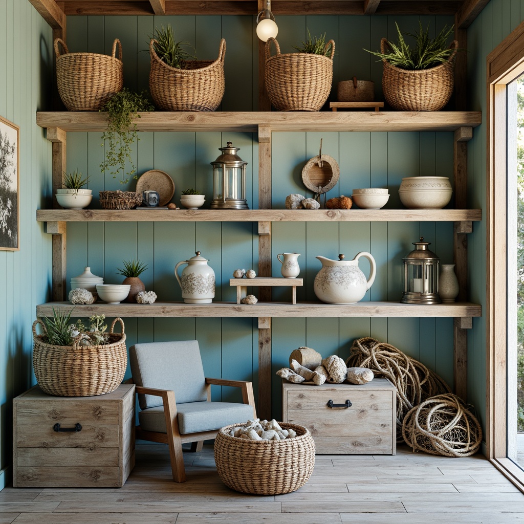 Prompt: Coastal storage room, distressed wood shelving, woven sea grass baskets, nautical rope accents, driftwood decorative pieces, ocean-inspired ceramics, shells, starfish, coral patterns, soft blue-green color palette, natural textures, rustic metal hardware, reclaimed wood crates, vintage fishing nets, lantern-style lighting, warm ambient glow, shallow depth of field, 1/1 composition, realistic reflections, subtle weathering effects.