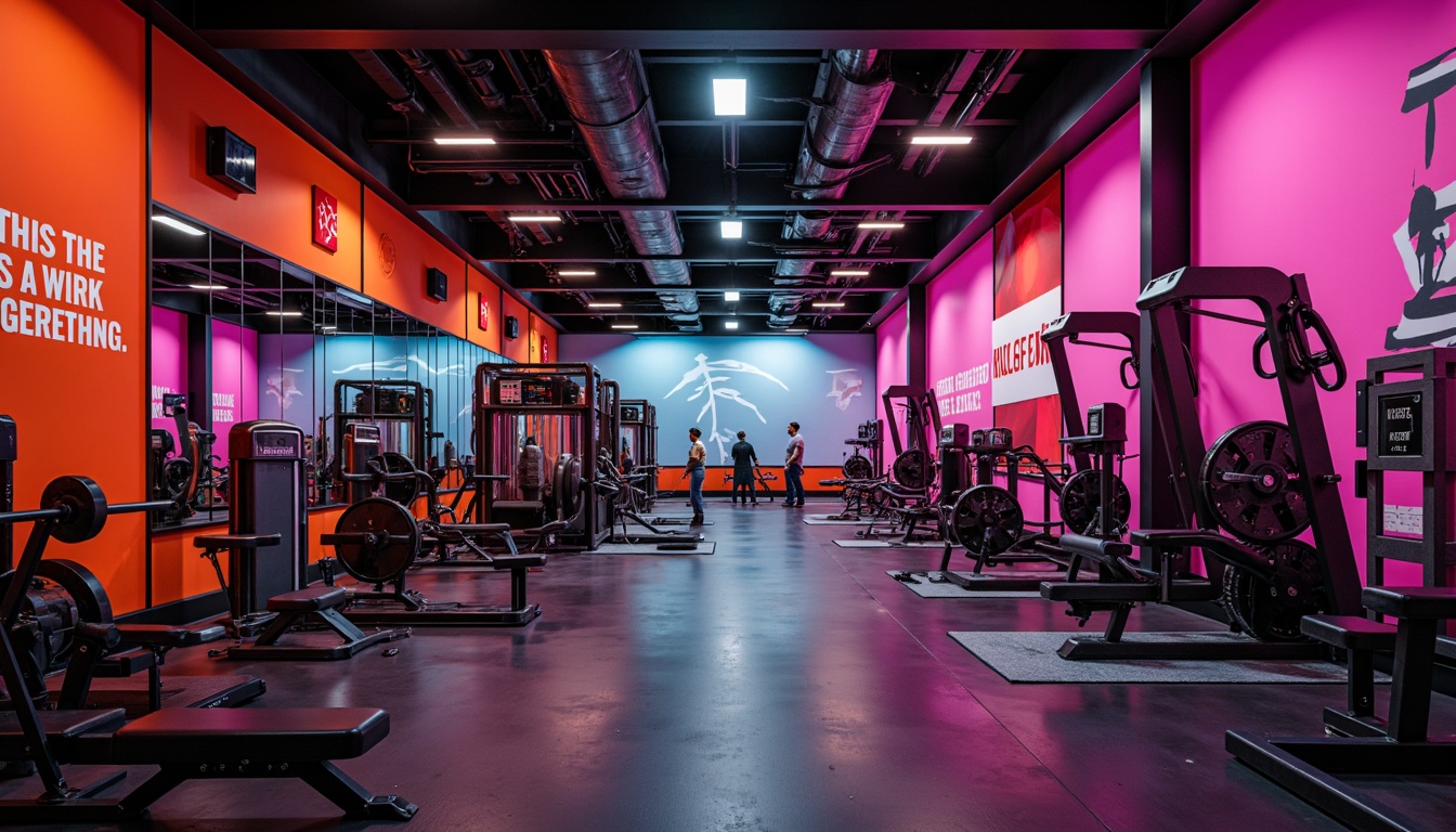 Prompt: Vibrant home gym, bold color scheme, energetic atmosphere, motivational quotes, sleek metal equipment, rubber flooring, mirrored walls, industrial lighting, modern minimalist decor, contrasting accent colors, dynamic shadows, high-contrast photography, dramatic low-angle shot, 1/2 composition, soft focus blur, atmospheric lens flares.