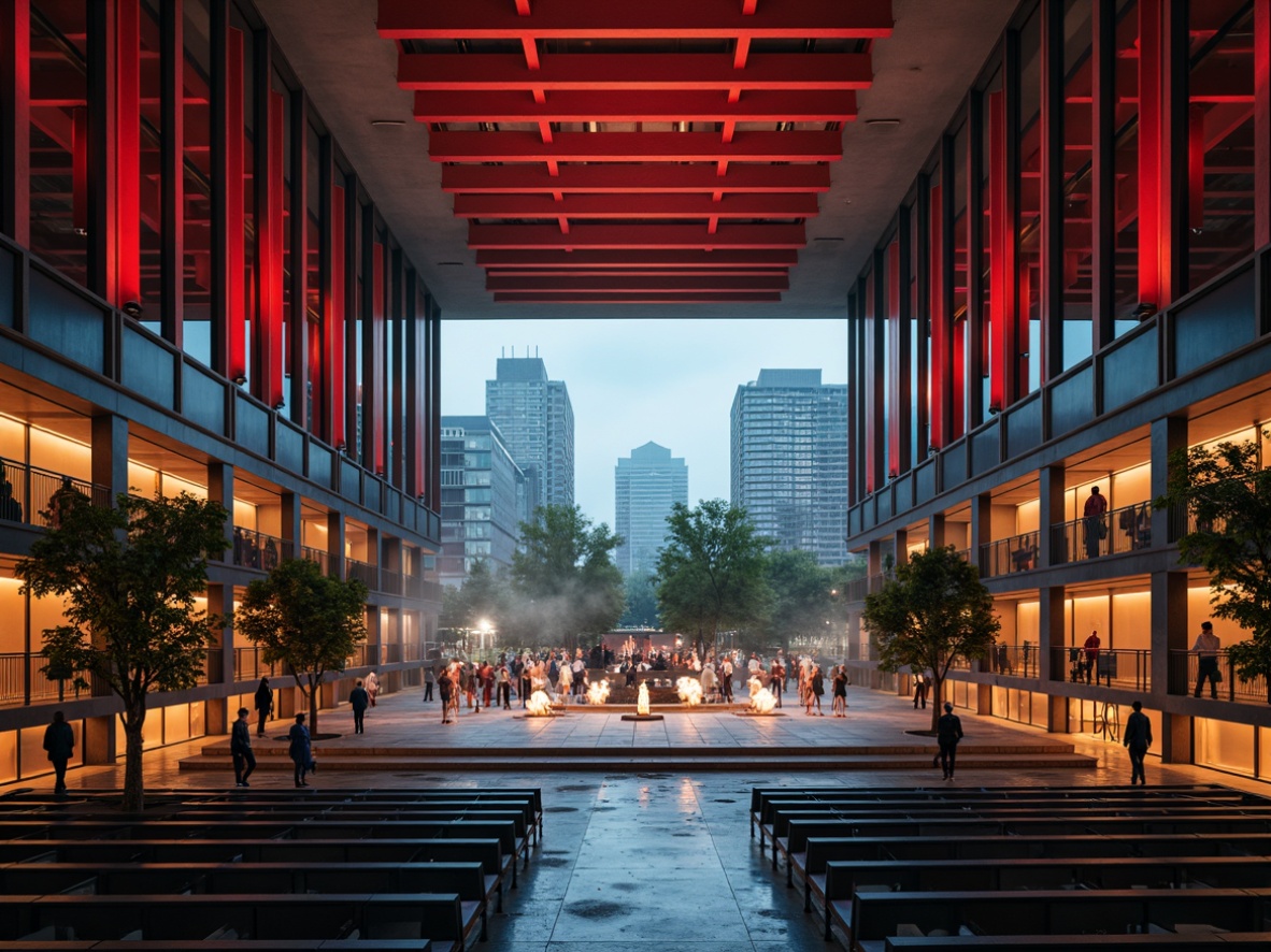 Prompt: Geometric opera house, bold primary colors, industrial materials, steel beams, concrete walls, minimalist decor, functional layout, open floor plan, dramatic stage lighting, abstract sculptures, geometric patterns, avant-garde costumes, futuristic props, urban cityscape, rainy evening, misty atmosphere, shallow depth of field, 1/1 composition, symmetrical framing, high-contrast lighting, cinematic mood.