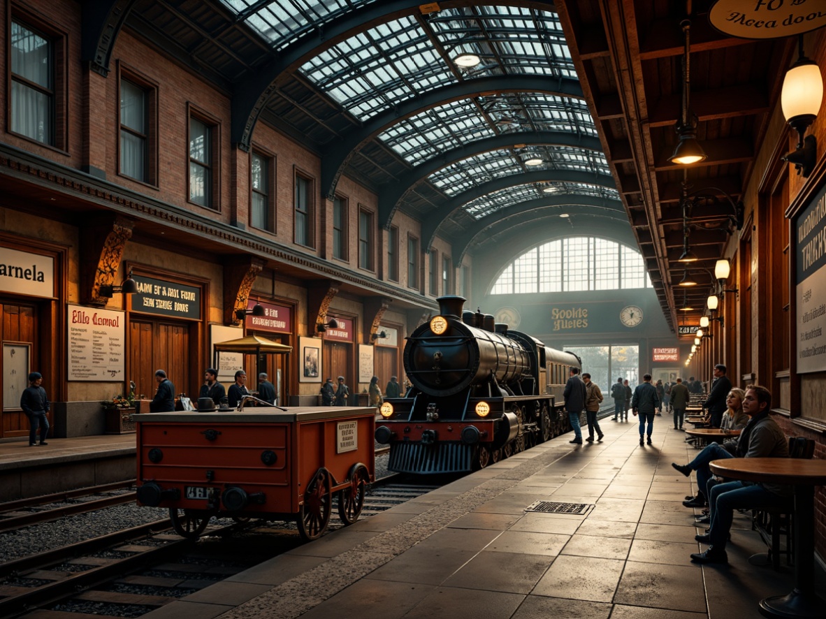 Prompt: Retro-style train station, ornate iron roofs, vintage luggage carts, classic clock towers, rich wooden accents, distressed brick walls, nostalgic signage, antique lanterns, warm soft lighting, shallow depth of field, 1/1 composition, realistic textures, ambient occlusion, traditional font styles, bold typography, eye-catching color schemes, wayfinding directions, passenger information displays, advertising billboards, decorative railings, polished metal fixtures.