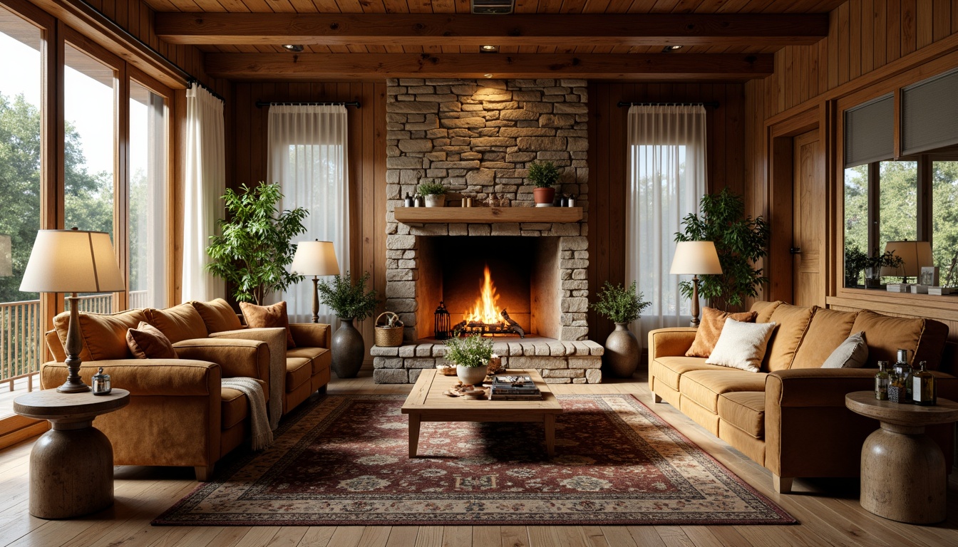 Prompt: Cozy cabin, rustic wooden accents, plush velvet armchairs, soft cushioned sofas, warm beige tones, natural stone fireplace, crackling fire, dim table lamps, vintage rug patterns, rich leather upholstery, distressed wood coffee tables, woven wicker baskets, fragrant candles, aromatic essential oils, lush greenery, floor-to-ceiling windows, sheer white curtains, warm golden lighting, shallow depth of field, 1/1 composition, realistic textures.