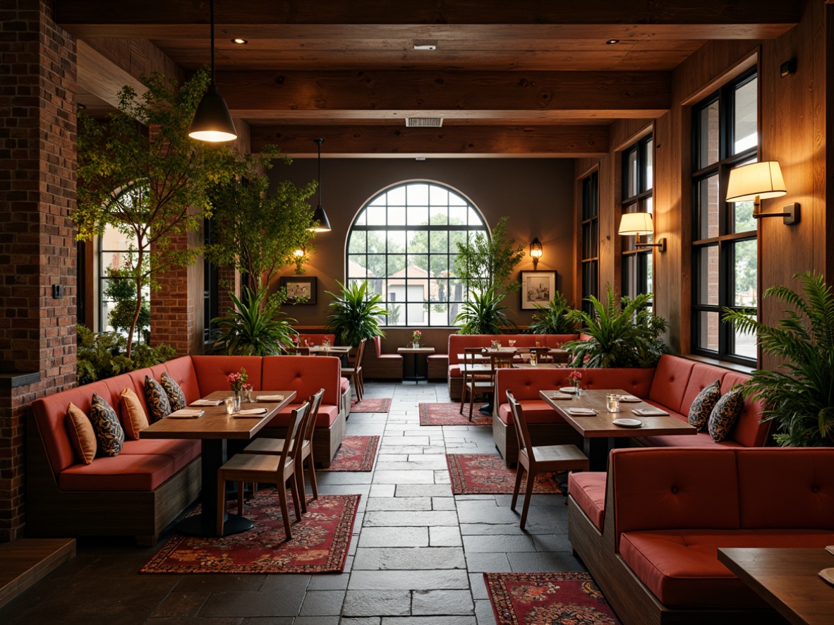 Prompt: Cozy restaurant interior, plush upholstered chairs, soft velvet sofas, warm wood accents, natural stone floors, earthy tone color scheme, comfortable booth seating, rustic wooden tables, woven wicker furniture, vibrant patterned rugs, lush greenery, ambient dim lighting, 1/2 composition, shallow depth of field, realistic textures.