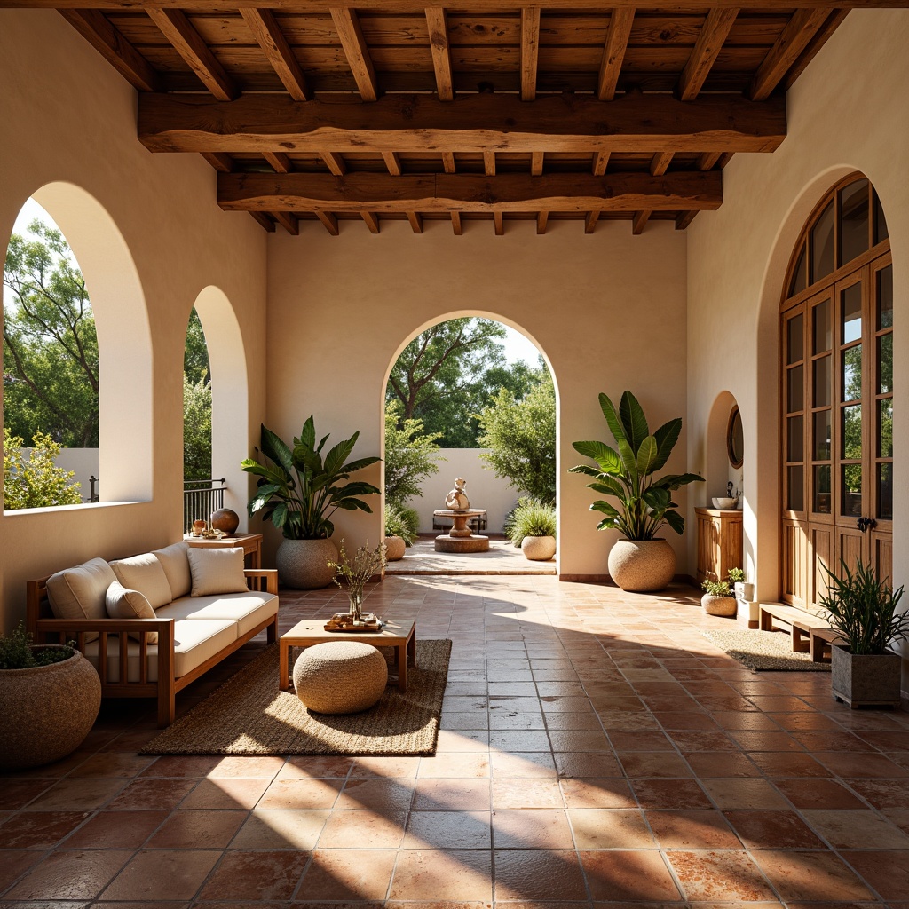 Prompt: Warm Mediterranean villa, rustic terracotta tiles, distressed wooden planks, natural stone floors, earthy color palette, woven jute rugs, plush area rugs, ornate tile mosaics, curved archways, soft warm lighting, shallow depth of field, 1/1 composition, realistic textures, ambient occlusion.