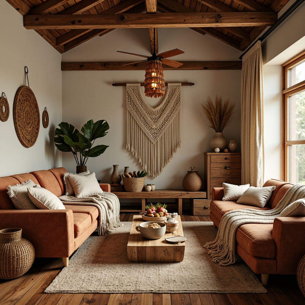 Prompt: Cozy living room, plush throw blankets, soft velvet sofas, rustic wooden coffee tables, woven baskets, natural fiber rugs, warm earthy tones, comfortable seating areas, oversized pillows, chunky knitted throws, macrame wall hangings, bohemian-inspired decor, richly textured fabrics, subtle patterned curtains, warm golden lighting, shallow depth of field, 2/3 composition, inviting atmosphere.