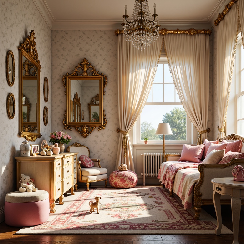 Prompt: Whimsical kids' room, ornate furniture, gilded frames, delicate carvings, soft pastel colors, plush velvet fabrics, intricate patterns, luxurious drapes, Rococo-inspired mirrors, playful toys, stuffed animals, colorful rugs, golden accents, sparkling chandeliers, afternoon sunlight, warm cozy atmosphere, shallow depth of field, 1/1 composition, realistic textures, ambient occlusion.