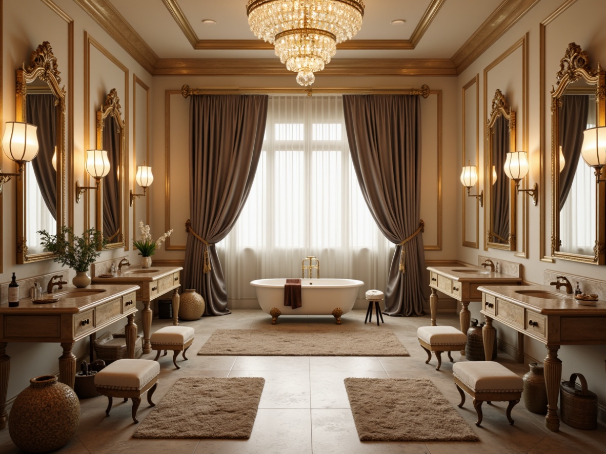 Prompt: Luxurious powder room, ornate mirrors, antique vanity tables, crystal chandeliers, plush area rugs, soft golden lighting, elegant wall sconces, marble countertops, freestanding tubs, velvet drapes, delicate porcelain fixtures, subtle aromas, gentle natural light, warm beige tones, intricate moldings, refined traditional style, sophisticated ambiance.