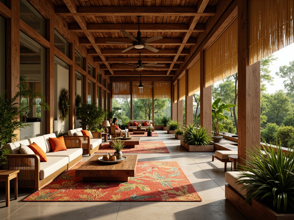 Prompt: Tropical hotel lobby, exotic wood accents, rattan furniture, plush cushions, vibrant jungle-inspired fabrics, natural fiber rugs, reclaimed wood ceilings, large potted plants, floor-to-ceiling windows, warm golden lighting, 1/1 composition, realistic textures, ambient occlusion.