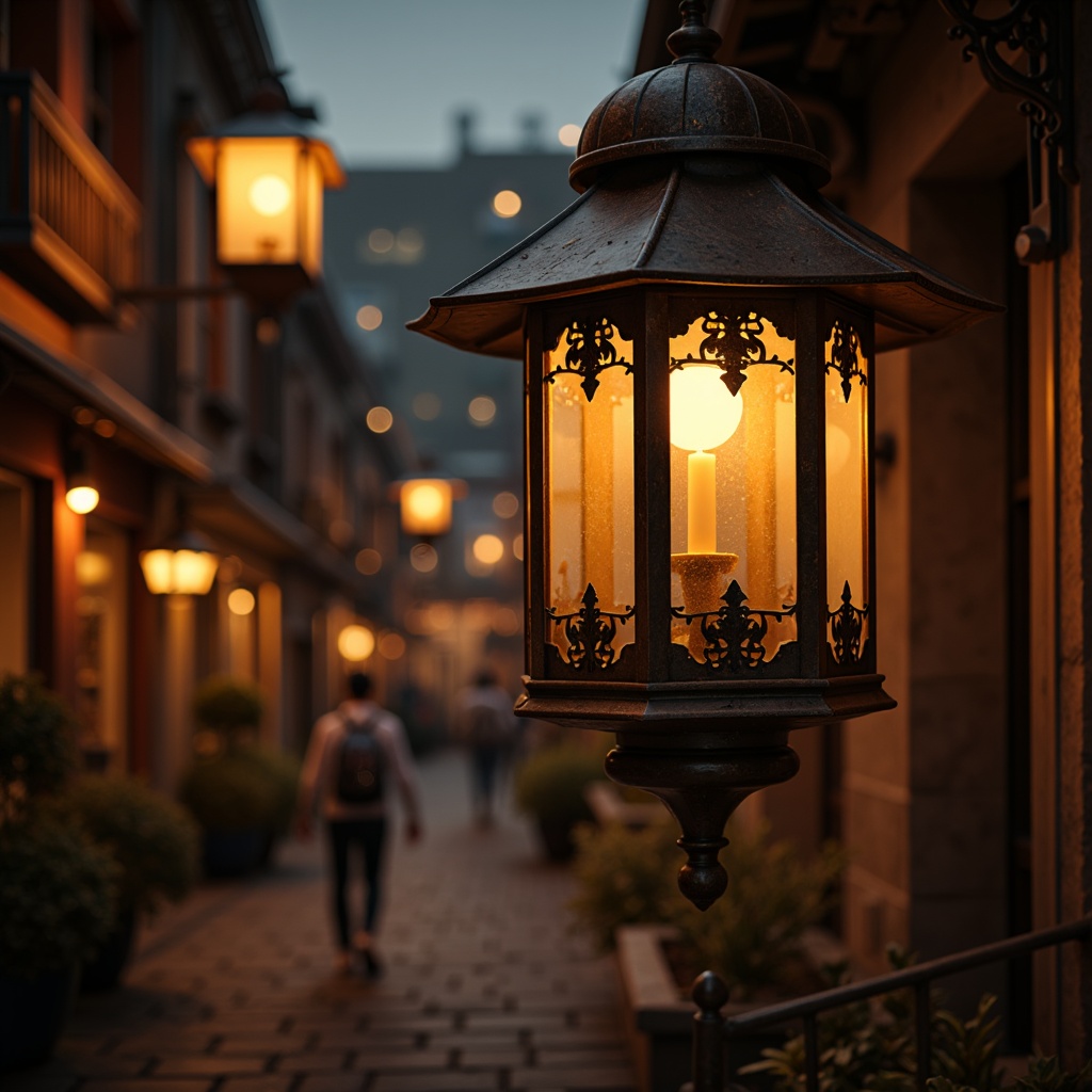 Prompt: Warm traditional lanterns, ornate metalwork, soft warm glow, vintage lamp posts, classic streetlights, rustic wooden fixtures, distressed finishes, earthy color palette, candle-like ambiance, golden hour lighting, dramatic shadows, low-key illumination, symmetrical composition, central focal point, realistic textures, ambient occlusion, subtle depth of field.