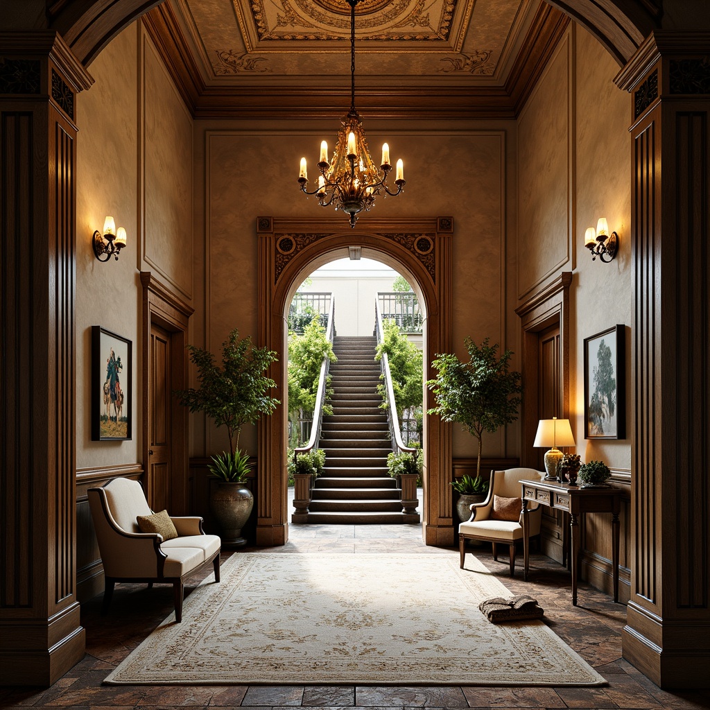 Prompt: Richly ornate entryway, intricately carved wooden doors, ornamental hinges, lavish chandeliers, opulent furnishings, velvety soft carpets, warm golden lighting, high ceilings, grand staircase, luxurious textiles, vintage-inspired wallpaper, distressed finishes, earthy tones, mossy greens, weathered wood accents, creamy whites, rich jewel-tones, dramatic shadows, 1/1 composition, shallow depth of field, realistic textures.