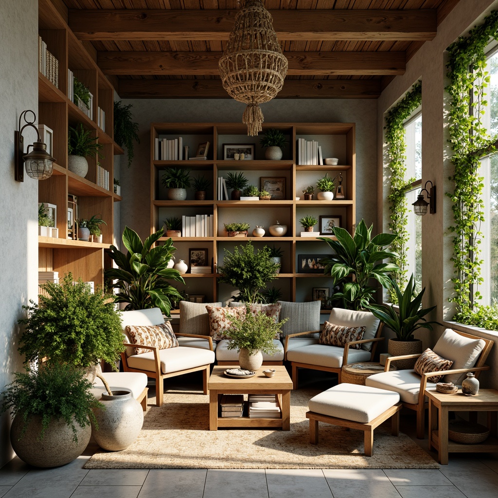 Prompt: Earthy tones, organic textures, botanical patterns, leafy greens, floral arrangements, wooden accents, stone features, natural fabrics, woven baskets, rattan furniture, vintage gardening tools, distressed wood shelving, soft warm lighting, cozy reading nooks, lush potted plants, trailing vines, earthy ceramics, nature-inspired artwork, serene ambiance, calming atmosphere.