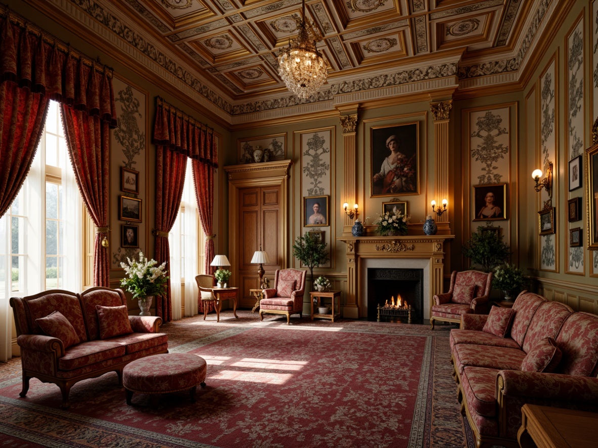 Prompt: Grandiose Victorian mansion, opulent furnishings, intricately patterned wallpaper, rich velvet drapes, ornate gold frames, luxurious silk fabrics, elaborate ceiling moldings, crystal chandeliers, warm golden lighting, shallow depth of field, 3/4 composition, realistic textures, ambient occlusion.