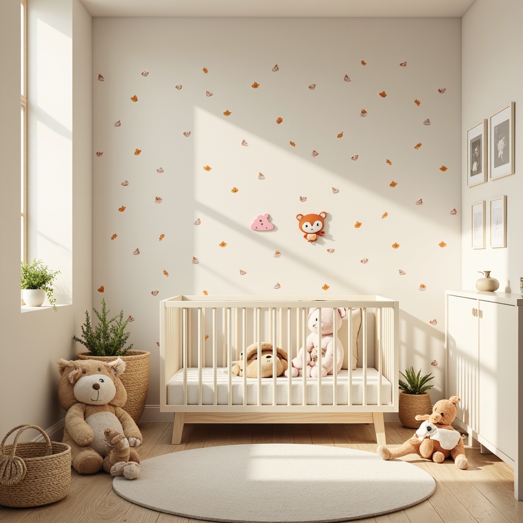 Prompt: Whimsical baby nursery, soft pastel colors, adorable cartoon characters, playful polka dots, gentle cloud patterns, creamy white furniture, plush toys, cozy reading nook, warm golden lighting, shallow depth of field, 1/1 composition, intimate portrait view, delicate watercolor textures, subtle ambient occlusion.