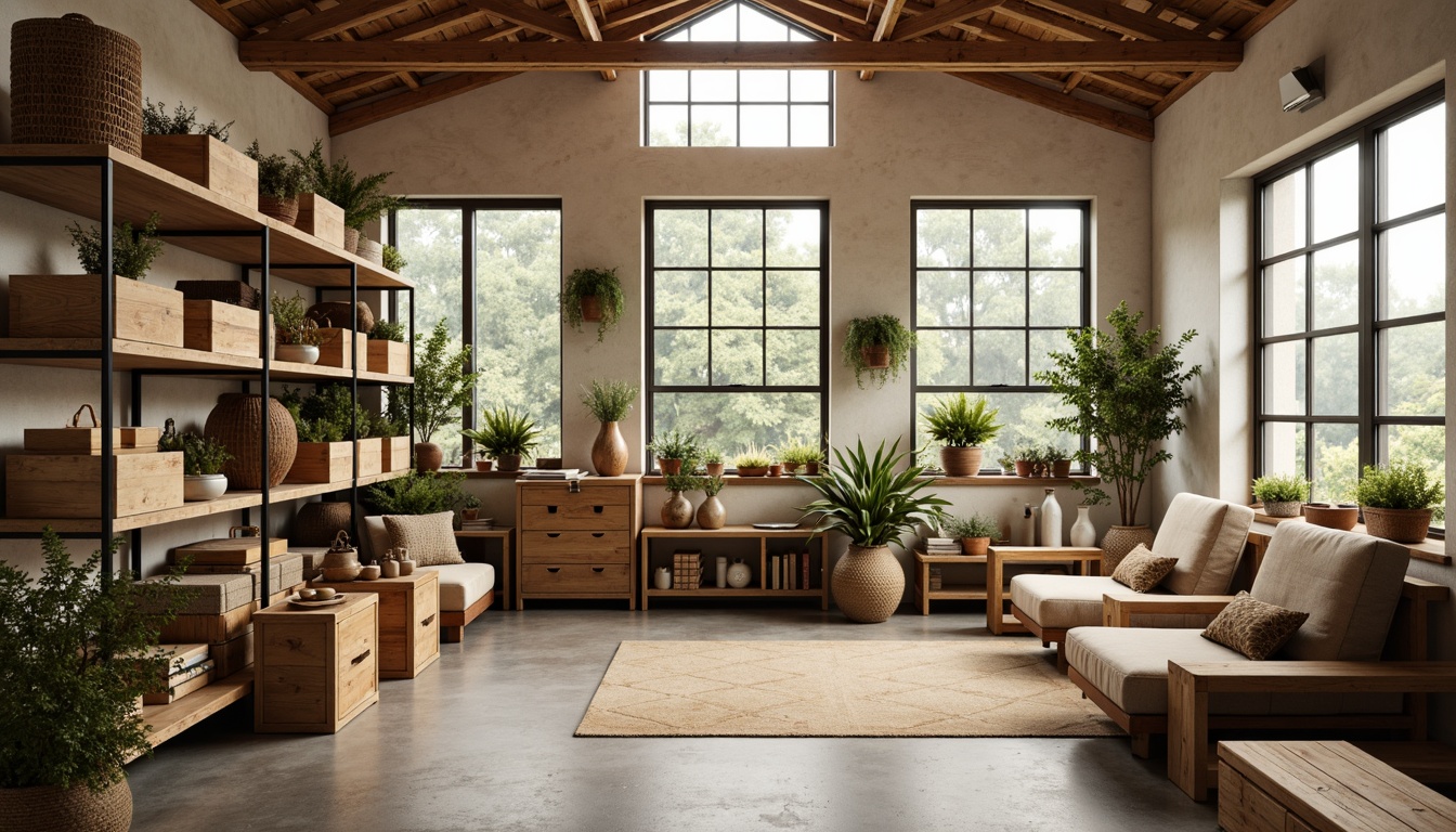 Prompt: Cozy storage room, wooden crates, metal shelves, natural stone walls, large windows, skylights, soft warm lighting, minimal obstruction, reflective surfaces, creamy whites, earthy tones, industrial chic decor, organized clutter, rustic wood accents, woven baskets, airy feel, shallow depth of field, 1/1 composition, realistic textures.